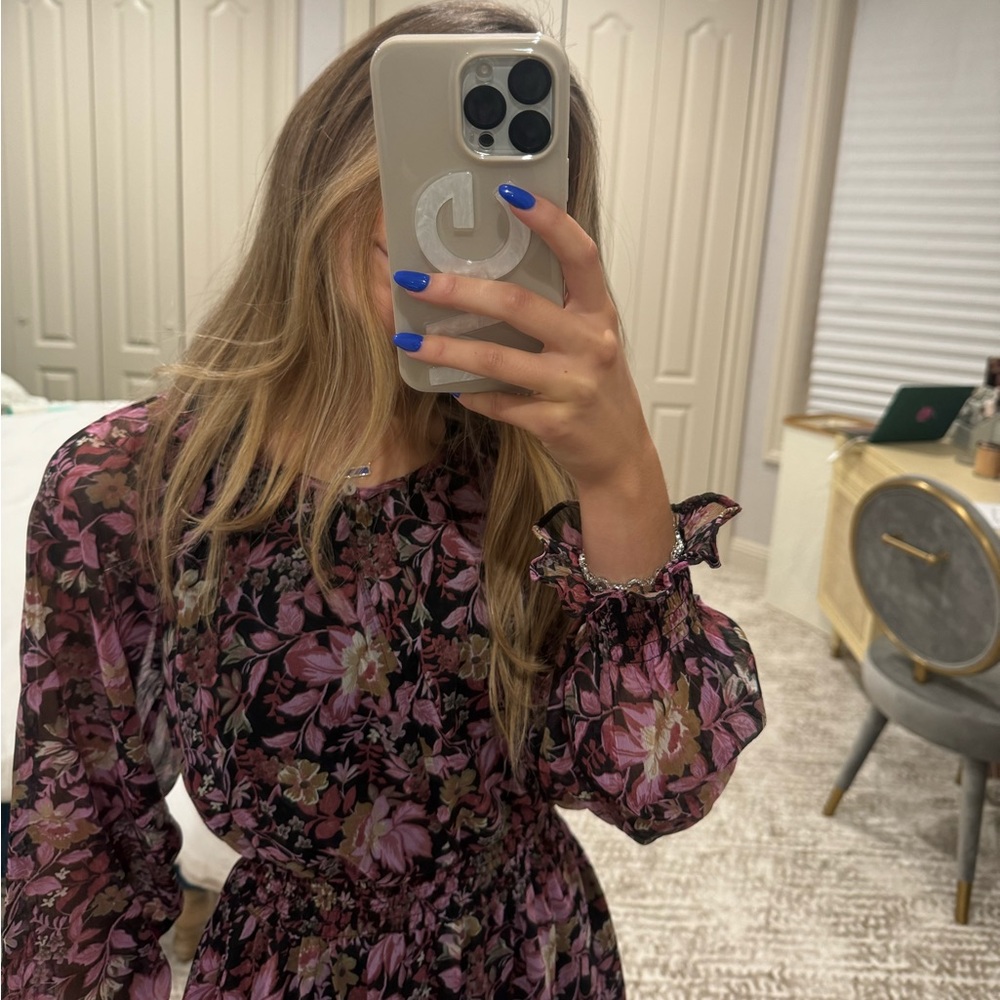 NWT Mango Floral Pink and Purple Midi Dress with Smocked Waist